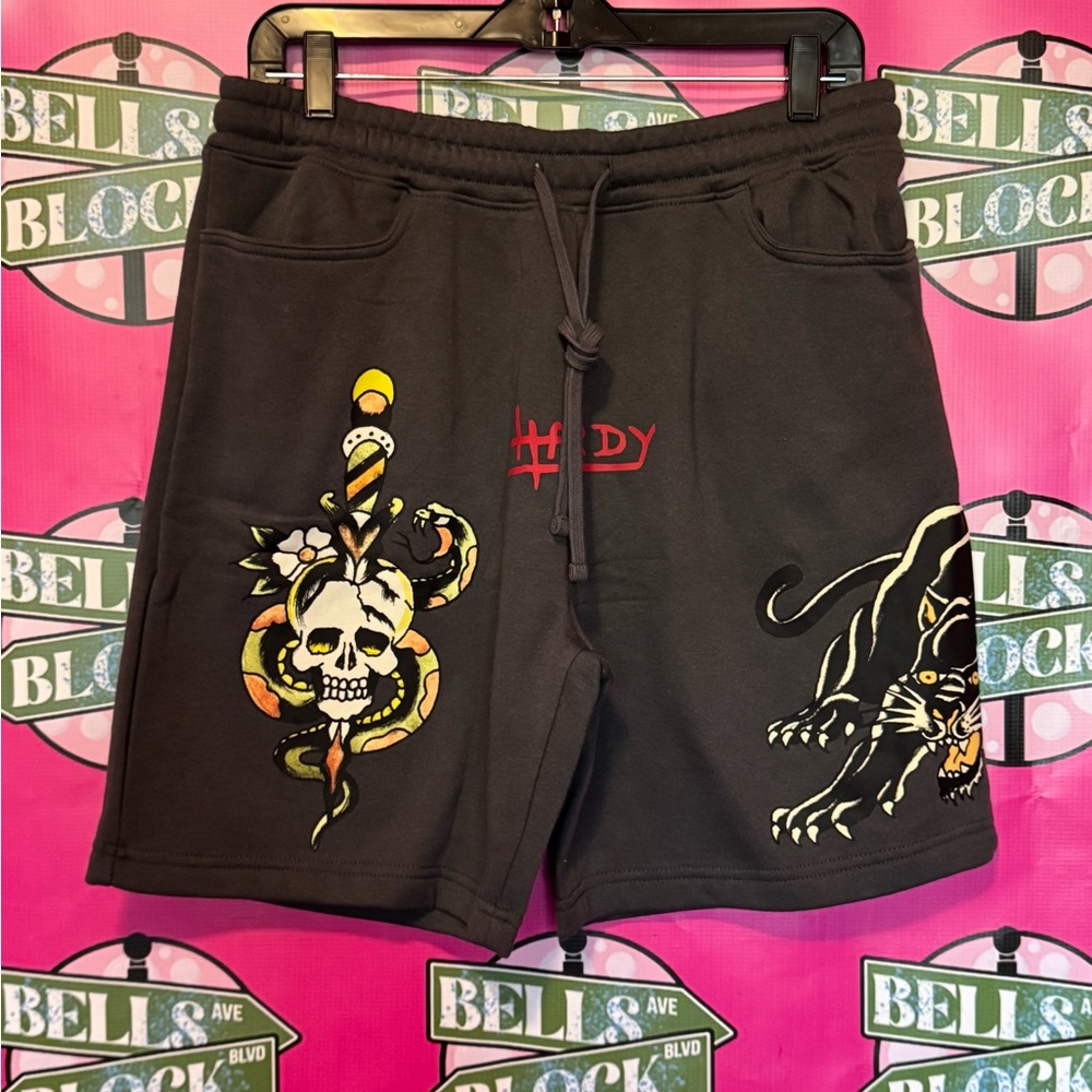 Ed Hardy charcoal PANTHER SKULL FLEECE SHORT